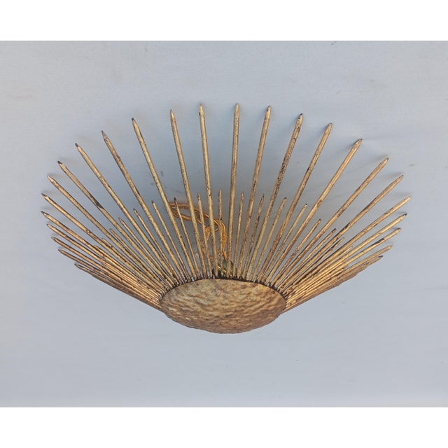 Mid-Century Modern Spanish Gold-Leaf Gilt Metal Sunburst Ceiling Fixture, 1960s For Sale - Image 3 of 7