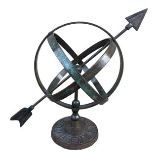 Rustic Verdigris Iron Armillary Sphere on Pedestal – European Garden Accent For Sale