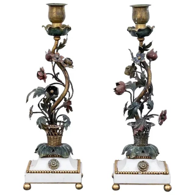 Antique 19th Century French Gilt & Enamel Bronze Candlesticks with Basket of Flowers on Marble Base - A Pair For Sale - Image 10 of 10