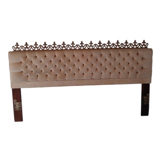 Vintage French Iron and Tufted Velvet King Headboard For Sale