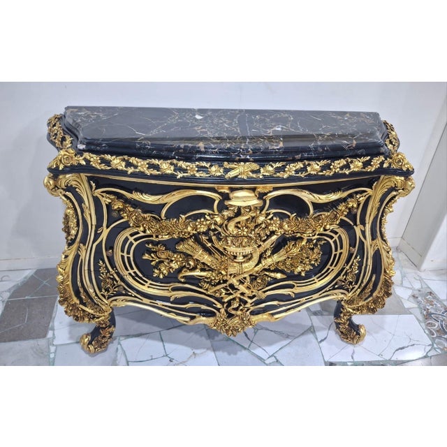 Vintage Louis XV Style Bombe Chest Black Marble Top For Sale - Image 4 of 10