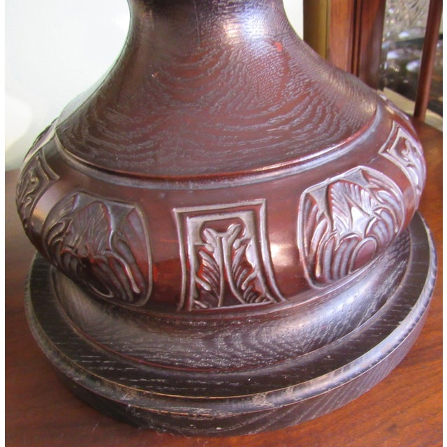 Brown Arts & Craft Style Carved Oak Lamp For Sale - Image 8 of 11