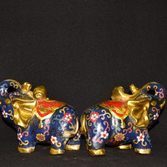 Pair of Vintage Cloisonne Enamel Elephant Figures – 6.7" Gilt Floral Motif Statues For Sale - Image 4 of 9