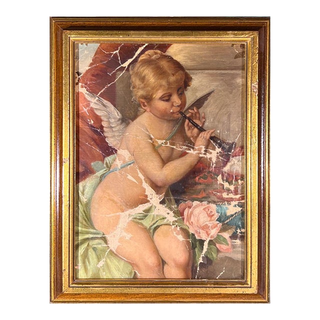 19th Century French Rococo Oil on Canvas Cherub Painting in Parcel Gilt Frame For Sale