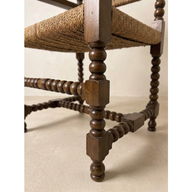 Rustic Set of Vintage Spanish Bobbin Chair with Rope Seat and Ottoman, 1960s For Sale - Image 3 of 5