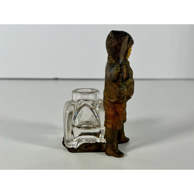 Metal Antique Bronzed Spelter Ivorine Celluloid Sporting Tennis Figural Inkwell For Sale - Image 7 of 10