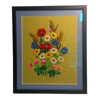 VTG 1970s Framed Crewel Floral Bouquet Needlework Art Mid-Century Retro For Sale