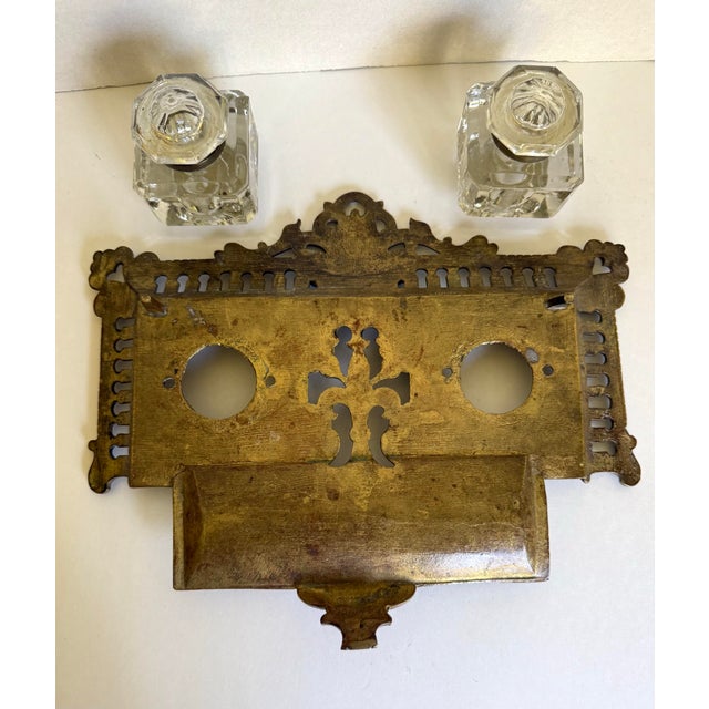 Antique French Victorian Brass Double Inkwell Desk Set With Crystal Inkwells For Sale - Image 9 of 10