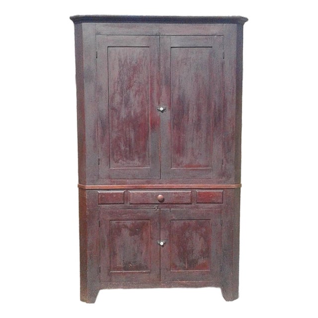 1850s Two Piece Poplar Blind Door Corner Cabinet Cupboard For Sale