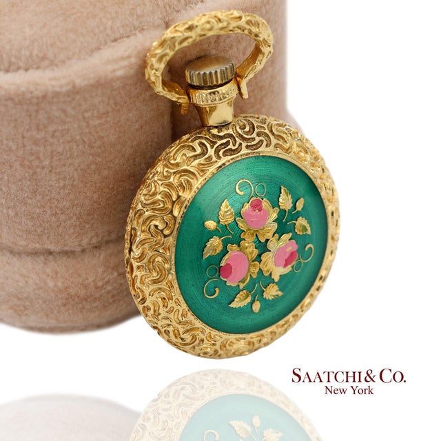 18k 750 Yellow Gold Enamel Pocket Watch Pendant Necklace For Sale - Image 12 of 14
