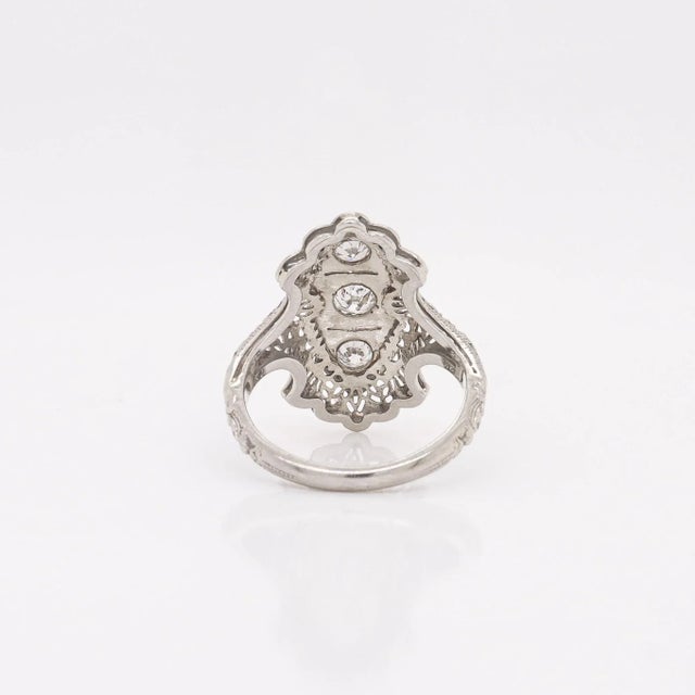 Metal Antique Art Deco 14k White Gold & Three-Stone Diamond Filigree Ring For Sale - Image 7 of 10