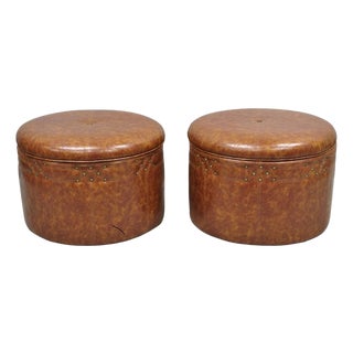 Contemporary Modern Moroccan Style Brown Faux Leather Round Storage Ottoman Pair For Sale