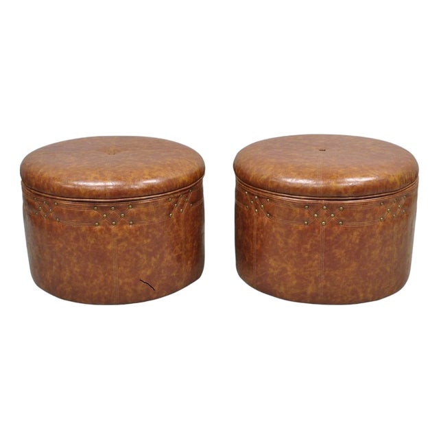 Contemporary Modern Moroccan Style Brown Faux Leather Round Storage Ottoman Pair For Sale
