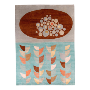 Rug & Kilim’s Mid-Century Modern Style Rug in Blue and Brown Geometric Pattern