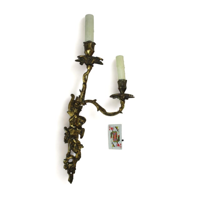 Late 19th Century French Bronze Double Candle Sconce Electrified Louis XV Style Gilt Bronze Cherub Ormolu Dore Antique For Sale - Image 9 of 12