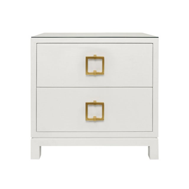 2020s Matthew Izzo Home White Linen Two Drawer Side Table With Glass Top and Large Square Brass Handle For Sale - Image 5 of 5