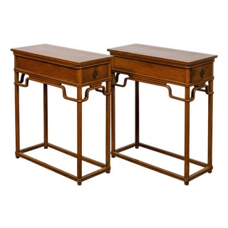Pair of Teak 19th Century Console Tables with Drawers and Humpback Stretchers For Sale