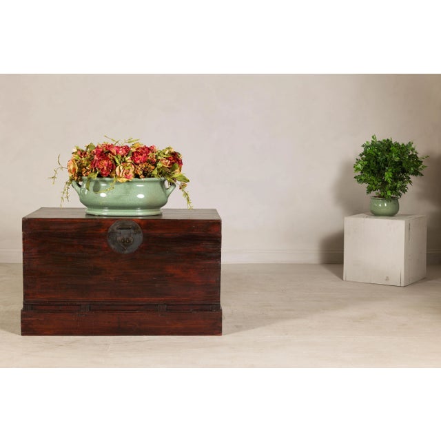 Antique Reddish Brown Lacquered Elm Trunk with Brass Lock and Raised Base For Sale - Image 4 of 11