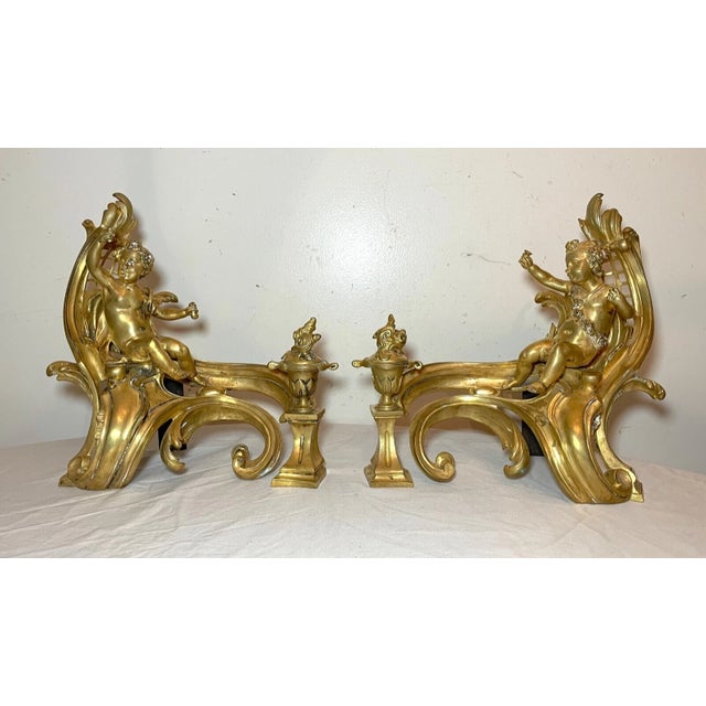 Bronze Pair 1800's Ornate Dore Bronze Figural Fireplace Andirons Cherub Putti Chenets For Sale - Image 8 of 14