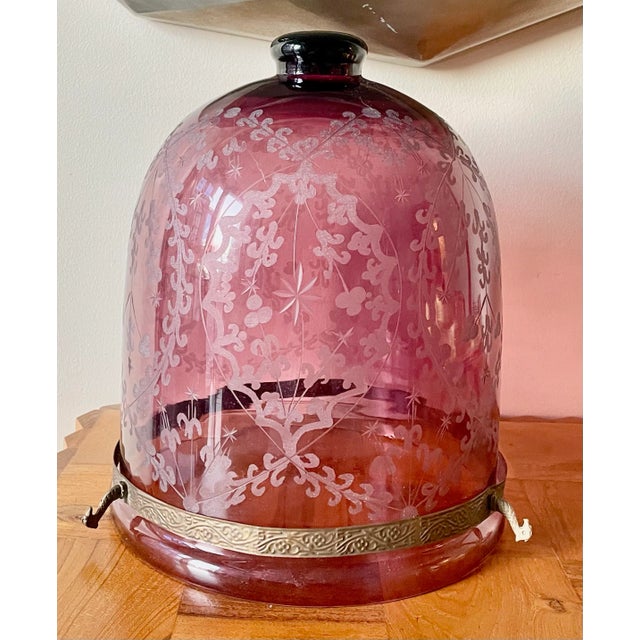 Stunning deep purple etched glass early 19th century lantern lamp with etched brass band and feet. Suspension chain link...