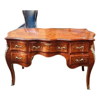 French Rococo Desk – Large Brown Executive Table With Glass Top & Gold Leaf Details For Sale
