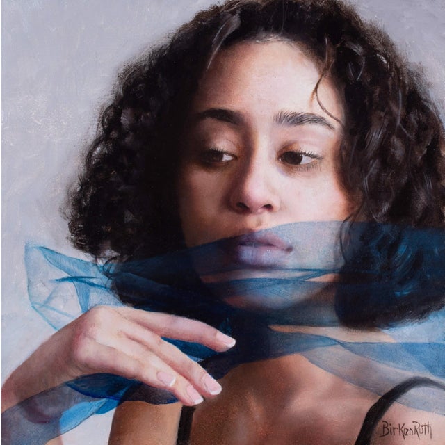 Sheer Cerulean by Kelly Birkenruth | Oil Painting of a woman with blue fabric draped across her face For Sale