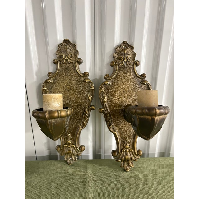 Pair of Bronze Single Candle Sconces, Early 20th Century. Wired for US