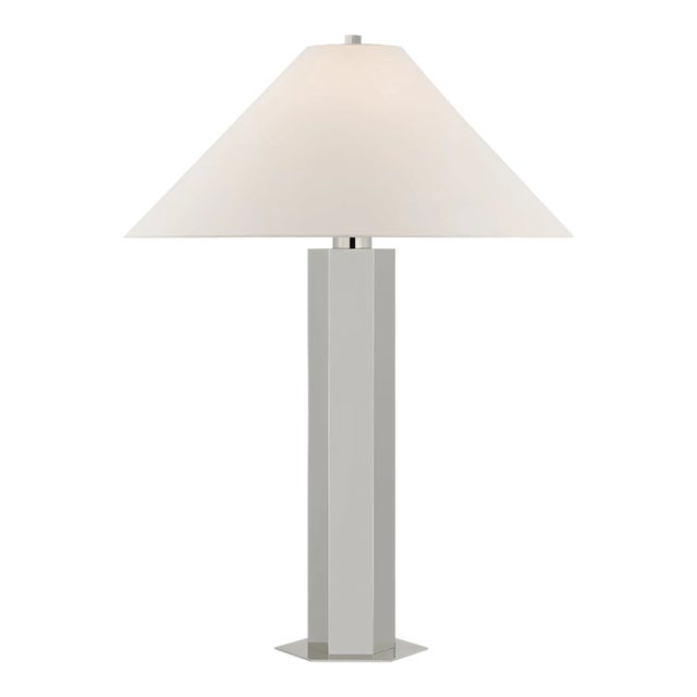 Paloma Contreras for Visual Comfort Signature Olivier Medium Table Lamp in Polished Nickel with Linen Shade For Sale