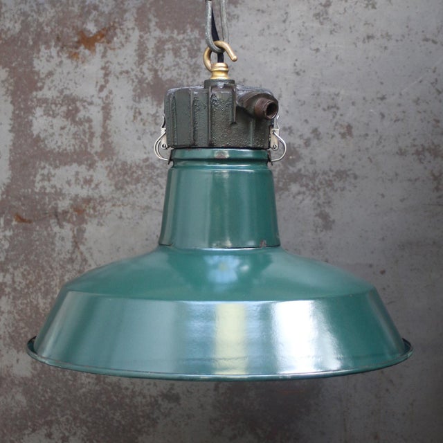 French factory pendant by sammode dark petrol green enamel white interior green cast iron top e27 / e26 this piece has an...