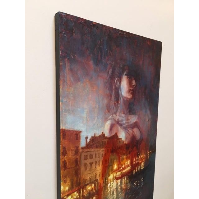 Contemporary Daydream by Christopher Clark | Oil on Wood Panel Woman with cityscape reflection at night. For Sale - Image 3 of 3