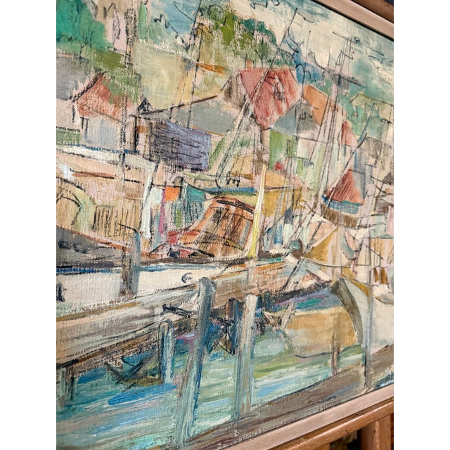 Expressionism Vintage Boat Harbor Marina Painting Helen Silesky 1959 Boats in Florida Marina Cubist Mid Century Modern For Sale - Image 3 of 12