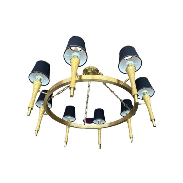 Prosecco Chandelier in Satin Brass with Black Shades by Jamie Drake for Boyd Lighting For Sale - Image 6 of 9