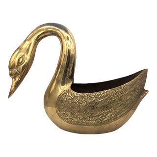 Large Mid Century Solid Brass Swan Planter With Detailed Feathers and Face For Sale