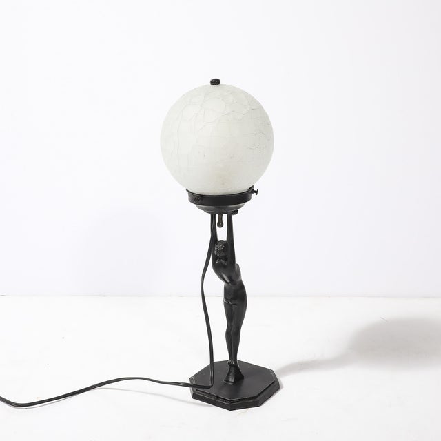 Art Deco Frankart L210 Nude Bronze & Craqueleur White Glass Shade Table Lamp For Sale - Image 11 of 18