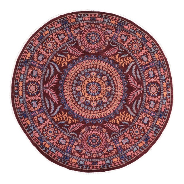 Boho Chic Ziegler Red/Blue Wool Runner Rug- 9'11'' X 10'3'' For Sale