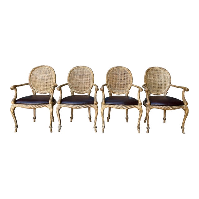 Set of 2 (Only 1 Set Available) Twisted and Knotted Rope Motif Cane Back Arm Chairs, 1970s, in the Style of Napoleon III and Comini and Modonutti For Sale