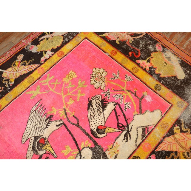 Zabihi Collection Bright Pink Antique Worn Flamingo Pictorial Khotan Rug - 5'10" x 10' For Sale - Image 12 of 12