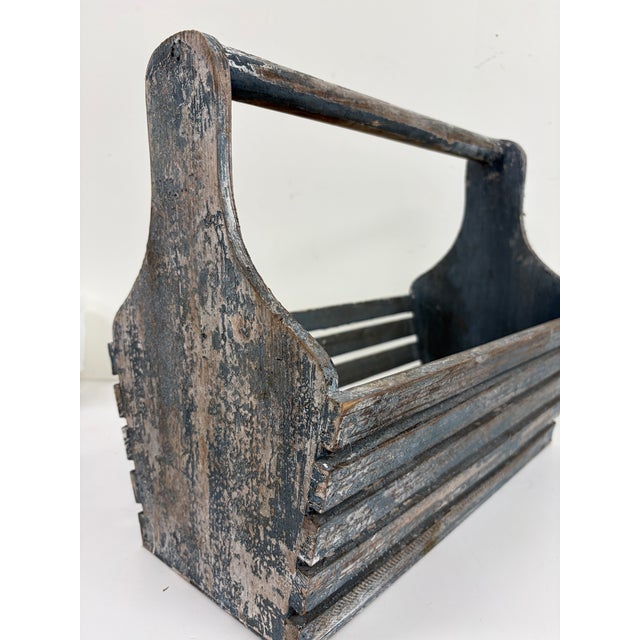 Wood Vintage Rustic Wooden Slatted Tool Caddy With Handle – Distressed Blue Gray For Sale - Image 7 of 13