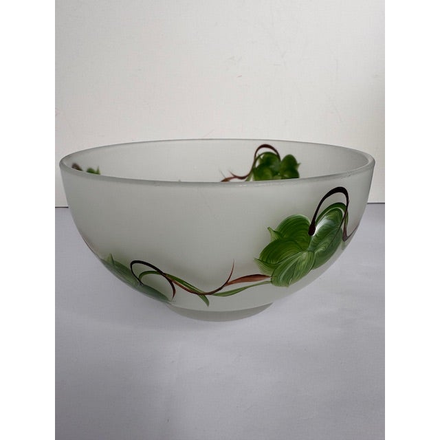 Vintage Frosted Glass Salad Set With Hand Painted Leaves – Bowl, Oil & Vinegar, Salt & Pepper - 5 pcs For Sale - Image 12 of 17