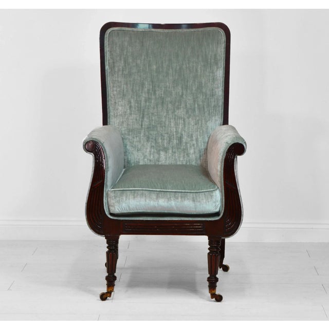 Antique Regency Mahogany & Designers Guild Velvet Lyre-Shaped Armchair in the Style of Gillows Manner For Sale - Image 4 of 11