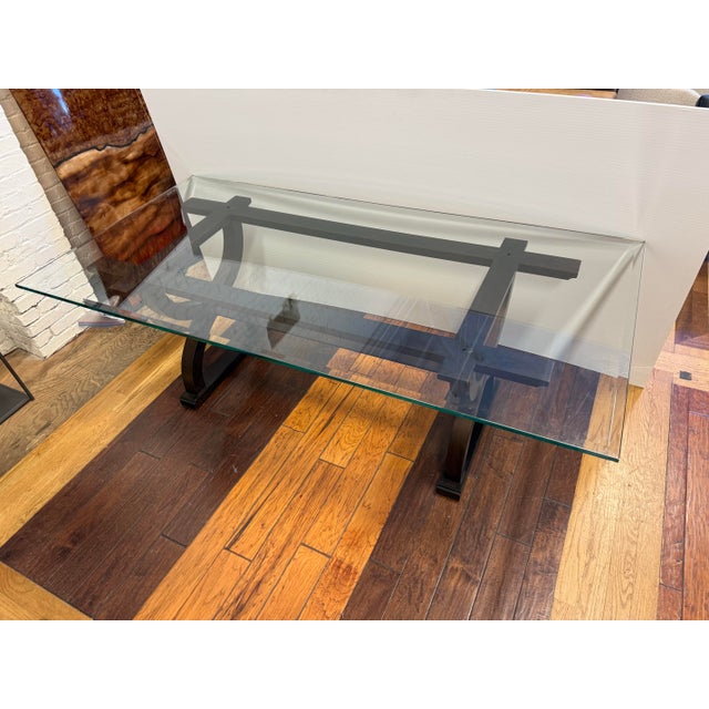 Contemporary Sculptural Trestle Wood + Glass Dining Table For Sale In San Francisco - Image 6 of 12