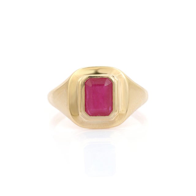 Mid-Century Modern 14k Gold Signet Ring With Bezel Set Ruby Gemstone Size 5.5 For Sale - Image 3 of 11