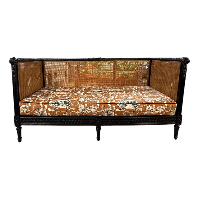 Vintage Black High-Gloss Lacquer Double-Caned Daybed With Custom Tiger Upholstery For Sale