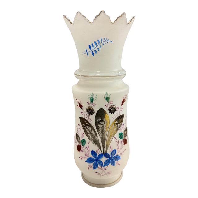 Vintage French Opaline Hand Painted Floral Decorated Art Glass Vase For Sale