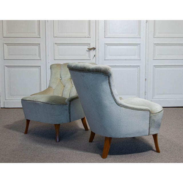 Textile Set of Green Velvet Slipper Chairs, 1940s For Sale - Image 7 of 10