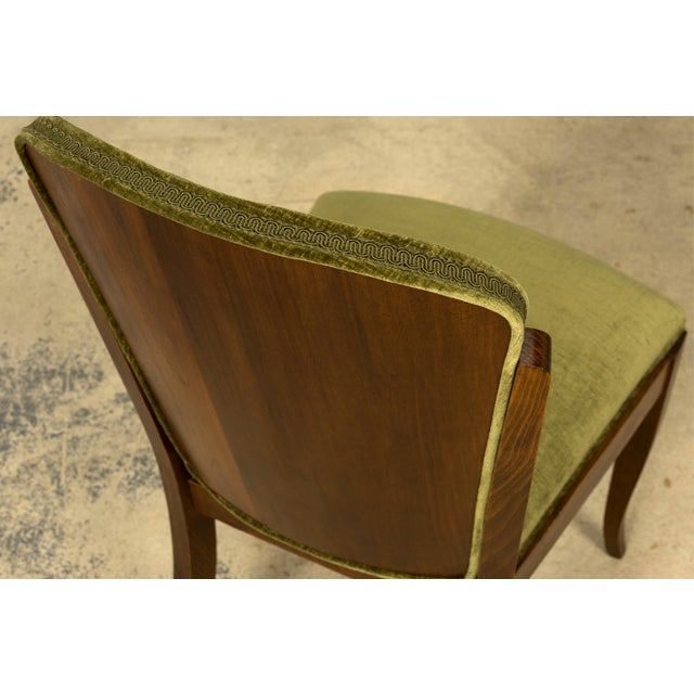 Art Deco Set of Six 1930s French Art Deco Maple Dining Chairs in Olive Green Velvet For Sale - Image 3 of 18