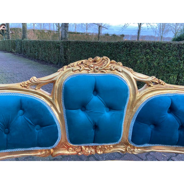 1970s French Louis XVI Blue Velvet Gilt Beechwood Corbeille Settee For Sale - Image 10 of 15