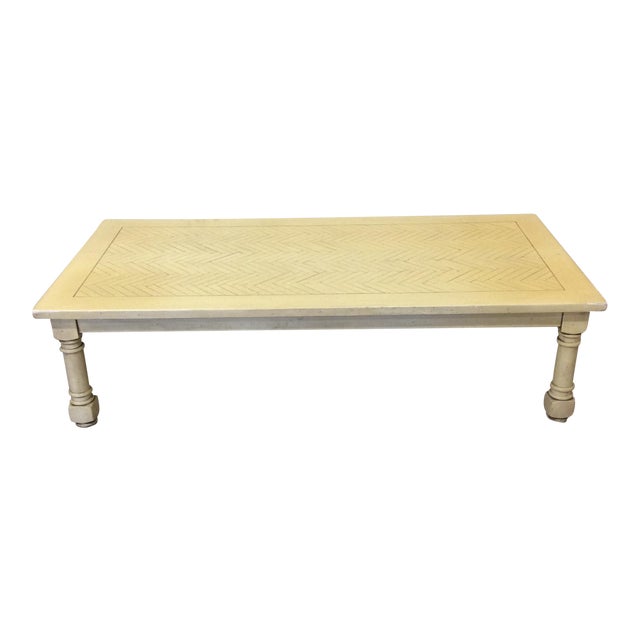 French Country Yellow Wood Coffee Table with Herringbone Pattern Top