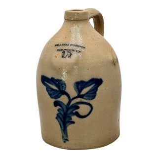 Excellent & Unsusal 1 1/2 Gallon Size Antique American Blue Flower Decorated Stoneware Jug From Vermont Circa 1870s For Sale