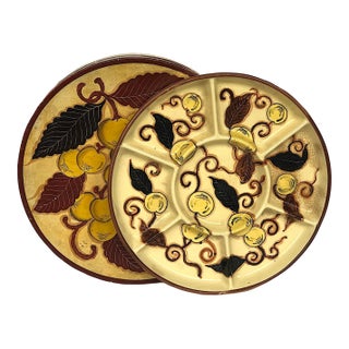 Antique Hand Painted Japanese Ceramic Serving Tray in Decorative Lacquer Box For Sale